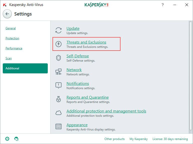 Kaspersky threats and exclusions