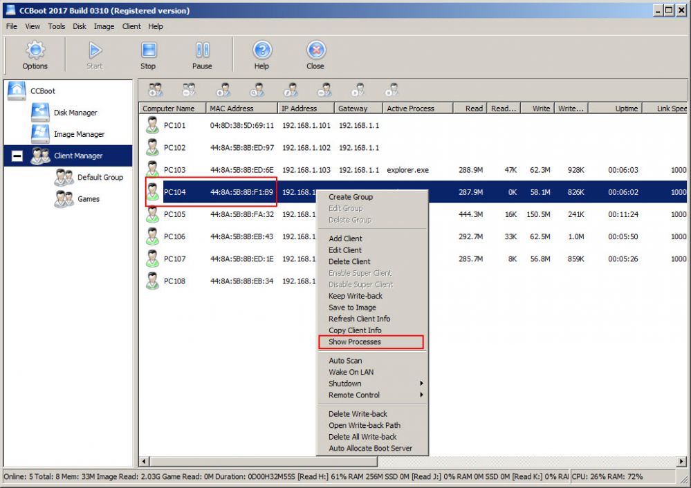 Show processes of client