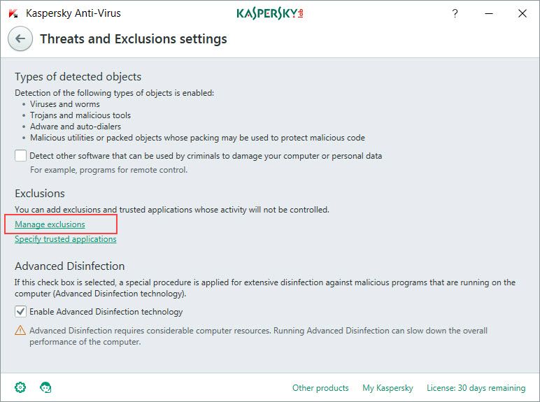 threats and exclusions settings