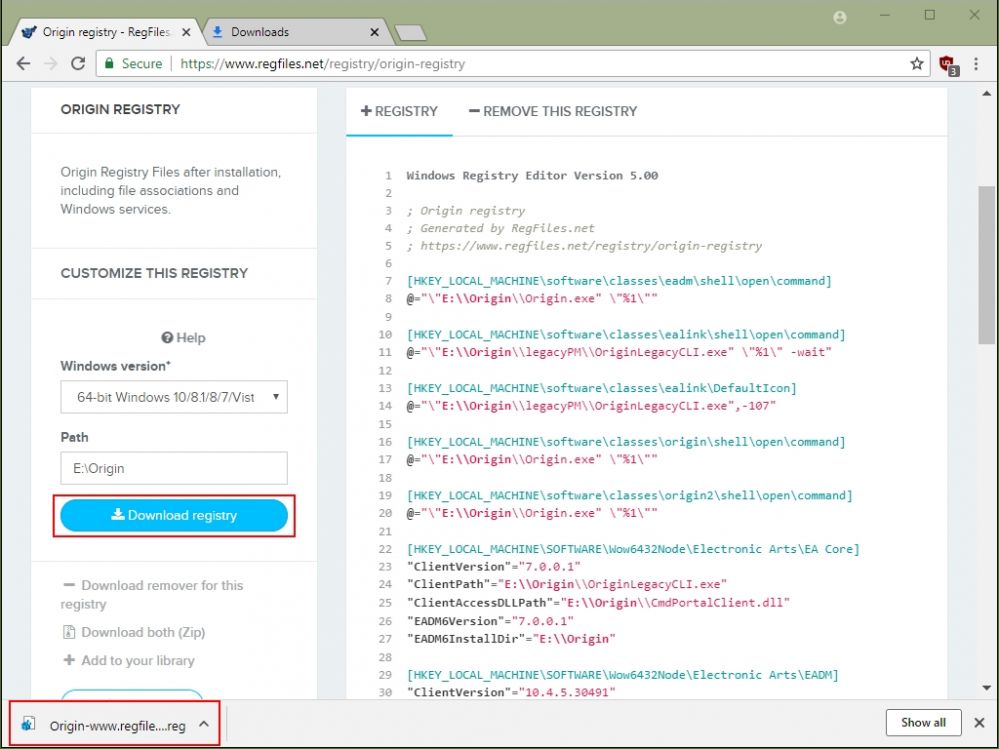 download origin registry