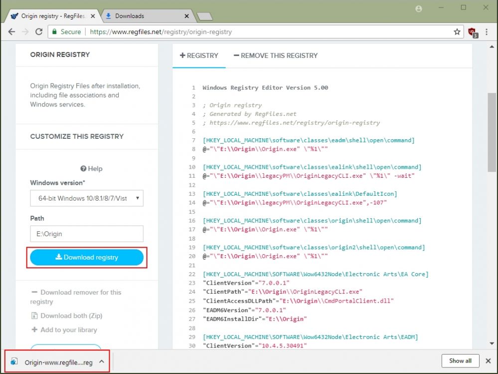 download origin registry