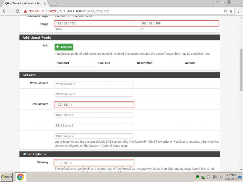 DHCP range, dns, gateway