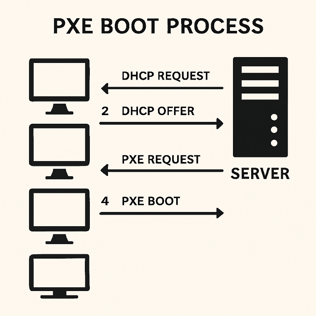 A diagram showing the PXE boot process from a server communicating with multiple client PCs