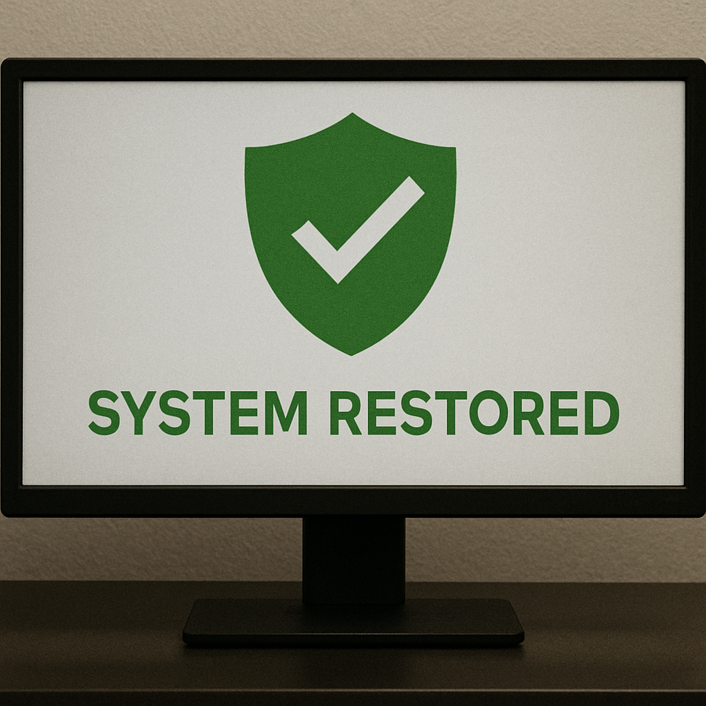 A computer screen with a large green shield icon and a 'System Restored' checkmark.