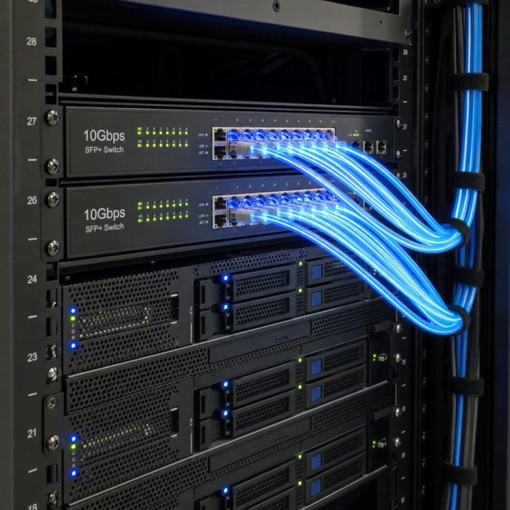 Server rack with glowing 10Gbps ethernet cables routing to high-performance switches