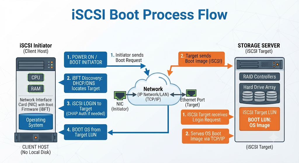 How iSCSI boot works: initiator, iSCSI target, and the boot flow
