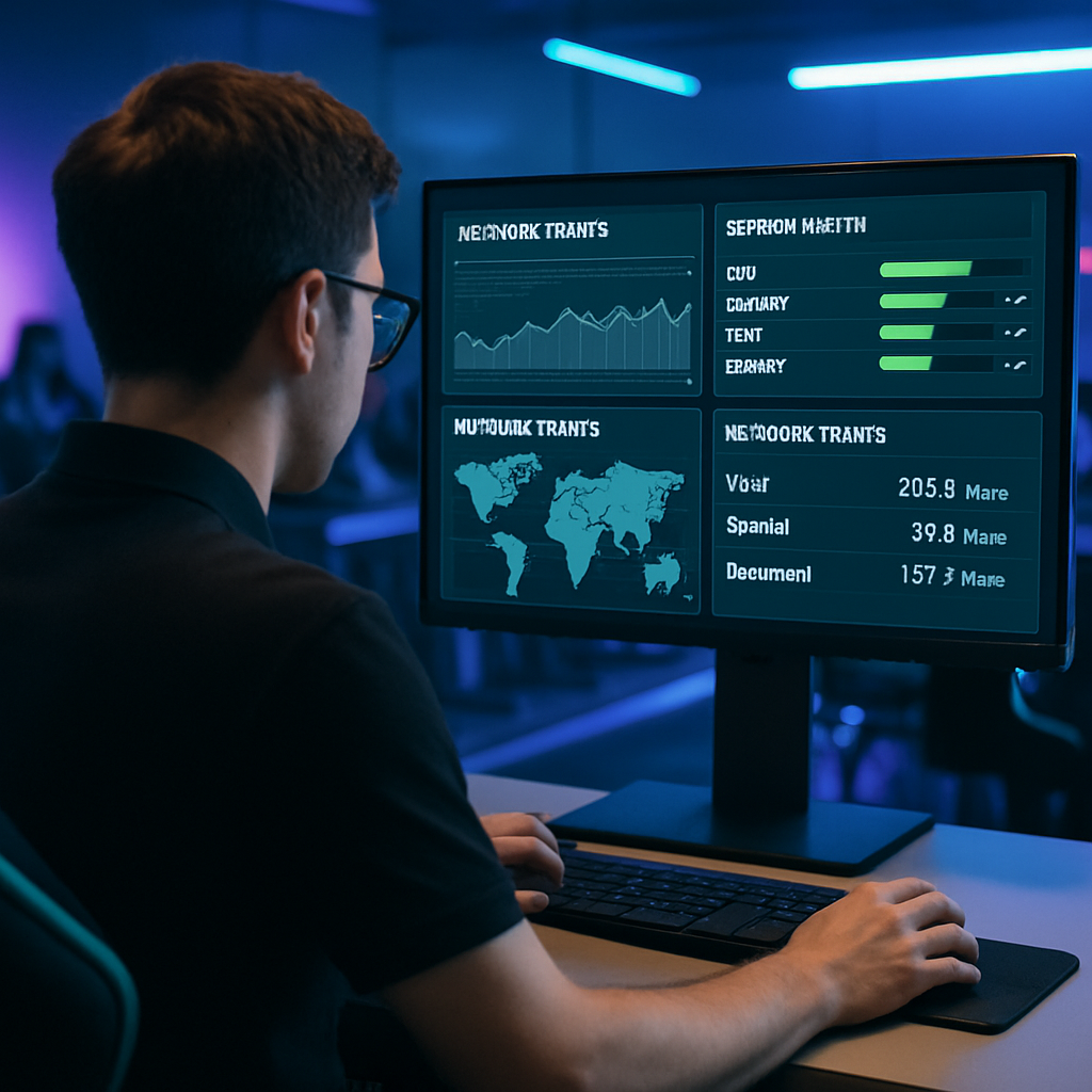 An IT technician monitoring a centralized dashboard showing network traffic and server health in an esports facility
