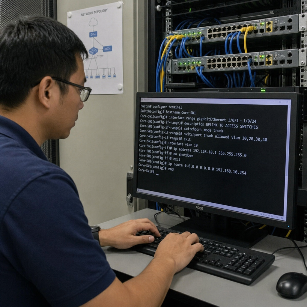 Network administrator typing on a keyboard, configuring a high-speed network switch