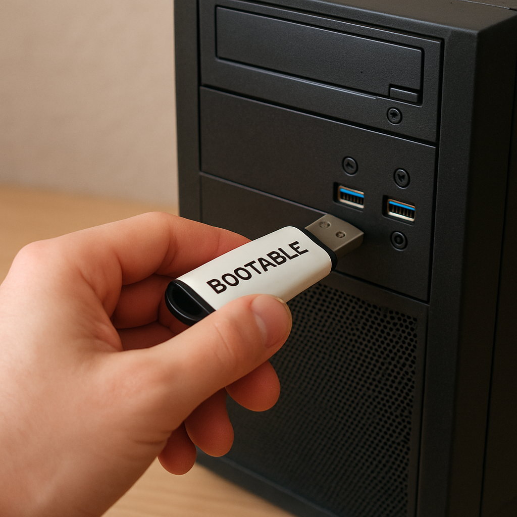 A person inserting a bootable USB flash drive into a desktop computer port