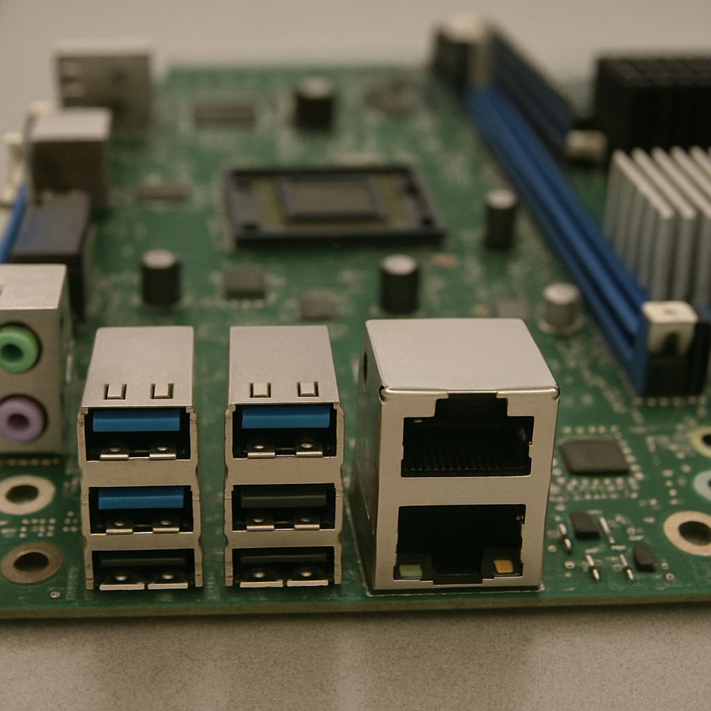 A computer motherboard with no hard drive attached, highlighting USB and network ports