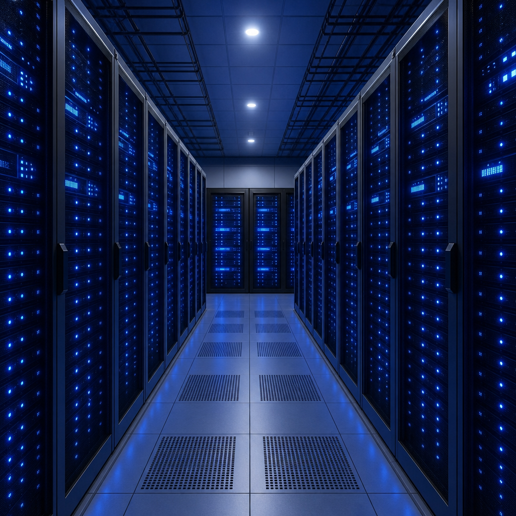Modern server room with glowing blue lights representing centralized storage