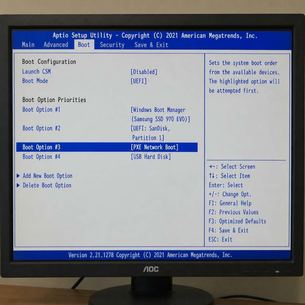 Computer monitor showing BIOS settings with PXE Network Boot highlighted in UEFI mode
