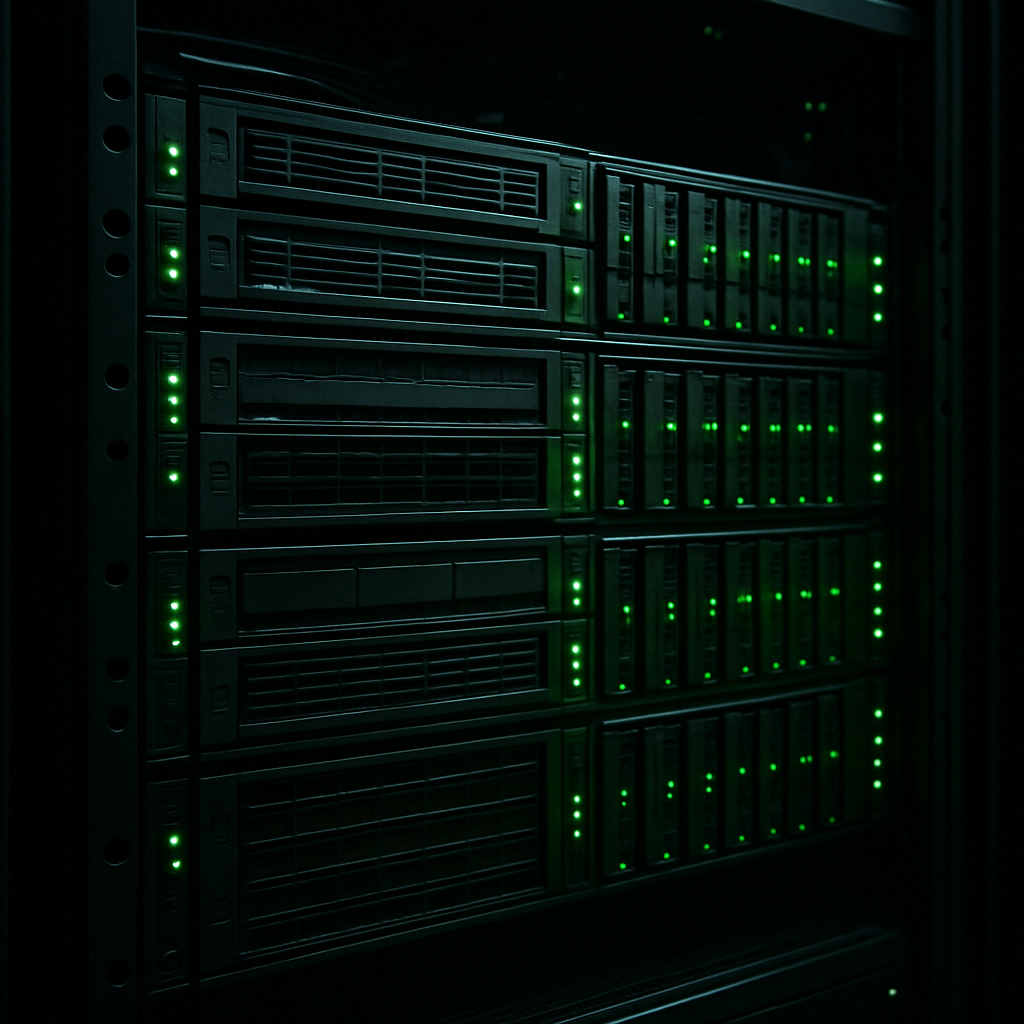 A server rack glowing with green lights, showcasing high-performance enterprise storage