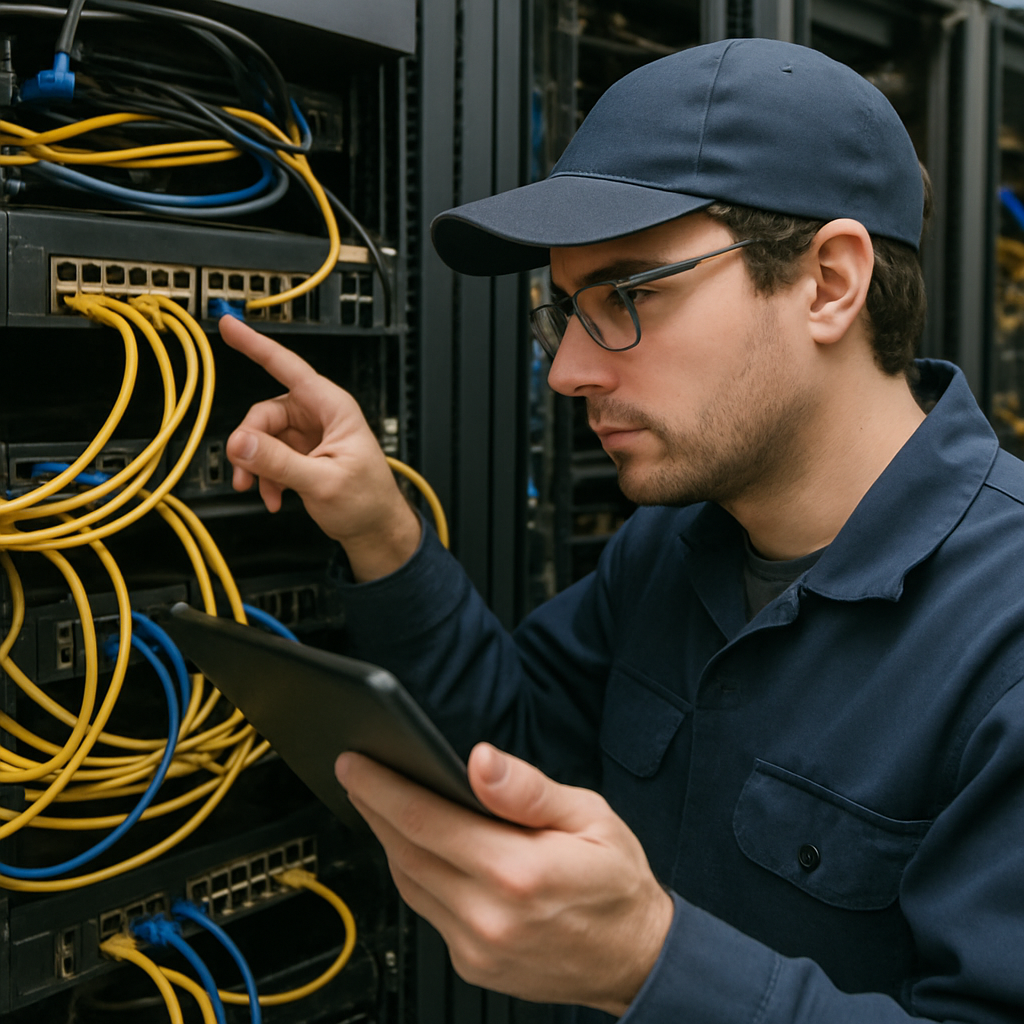 A technician troubleshooting a network switch in a server room