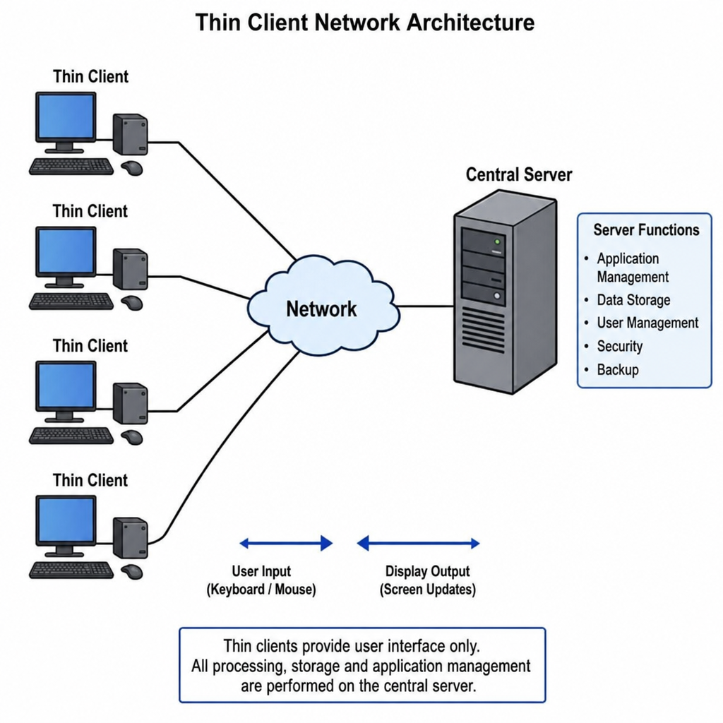 Diagram showing the architecture of a thin client network connected to a central server