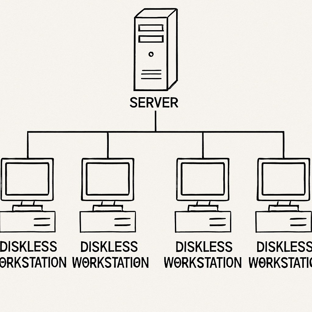 A diagram showing a central server connecting to multiple diskless workstations