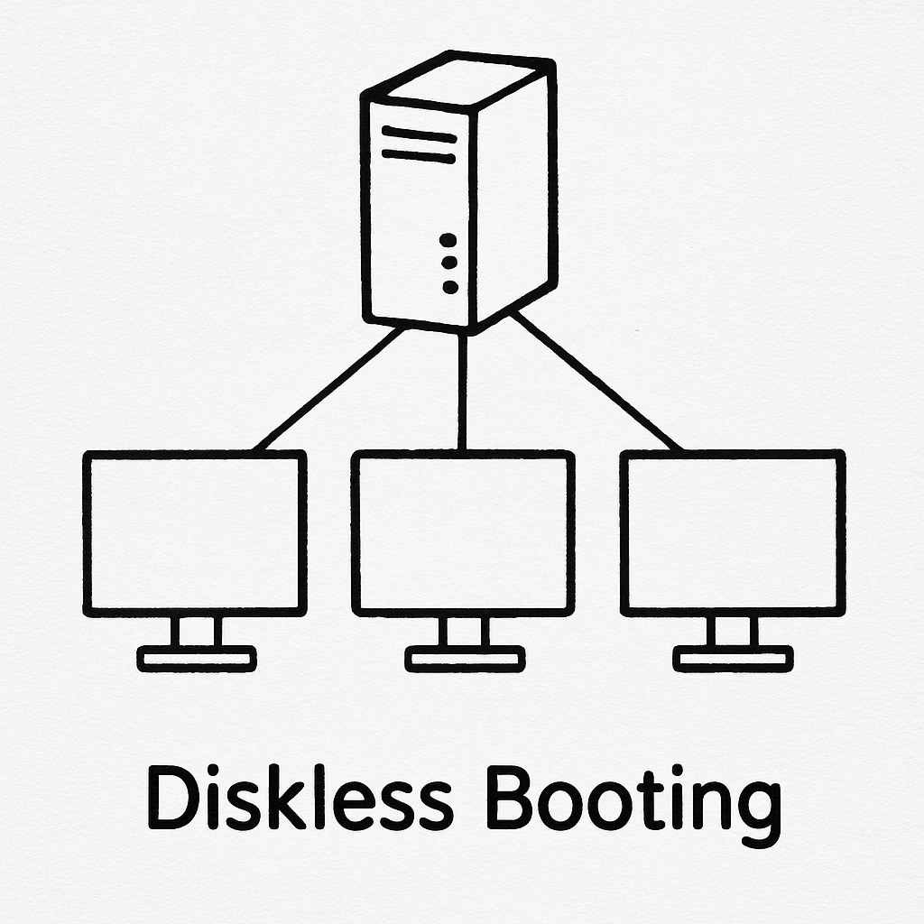 A simple visual showing one central server box connected via lines to three empty computer monitors to represent diskless booting.