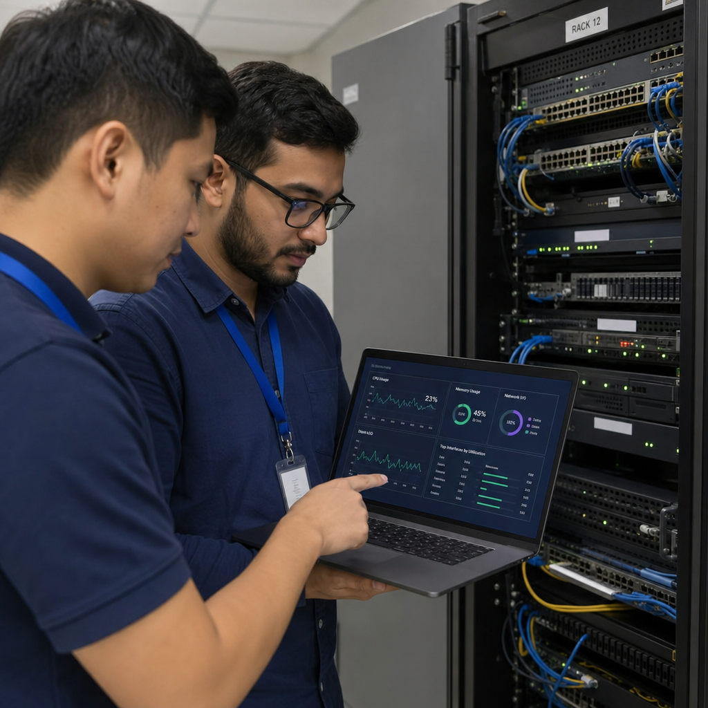 Two IT technicians examining network server rack performance metrics on a laptop