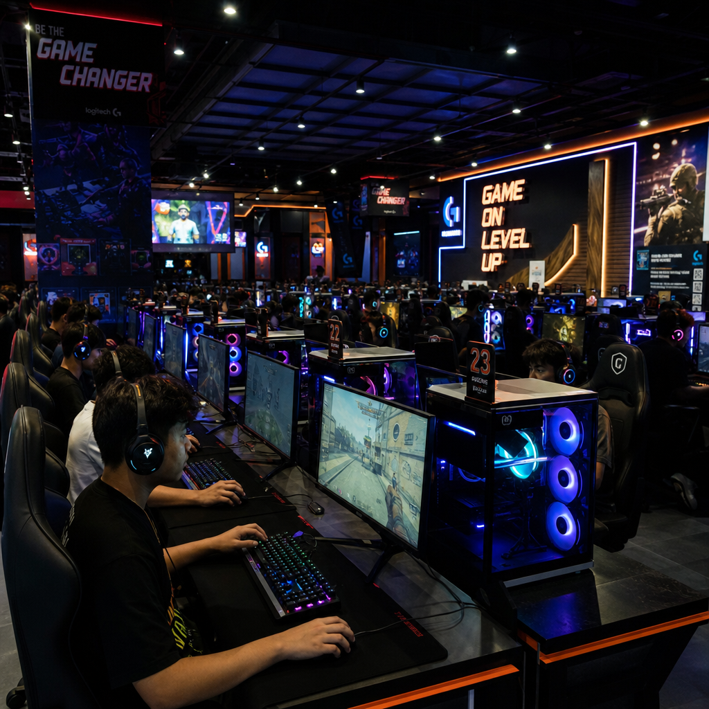A busy, high-tech gaming center with rows of illuminated PCs