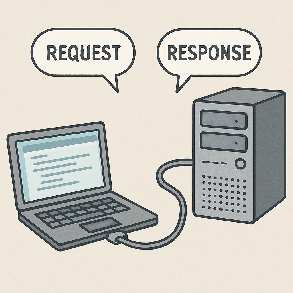 A high-level illustration showing a laptop connecting to a server tower via a network cable, with speech bubbles representing the 'Request' and 'Response' flow.