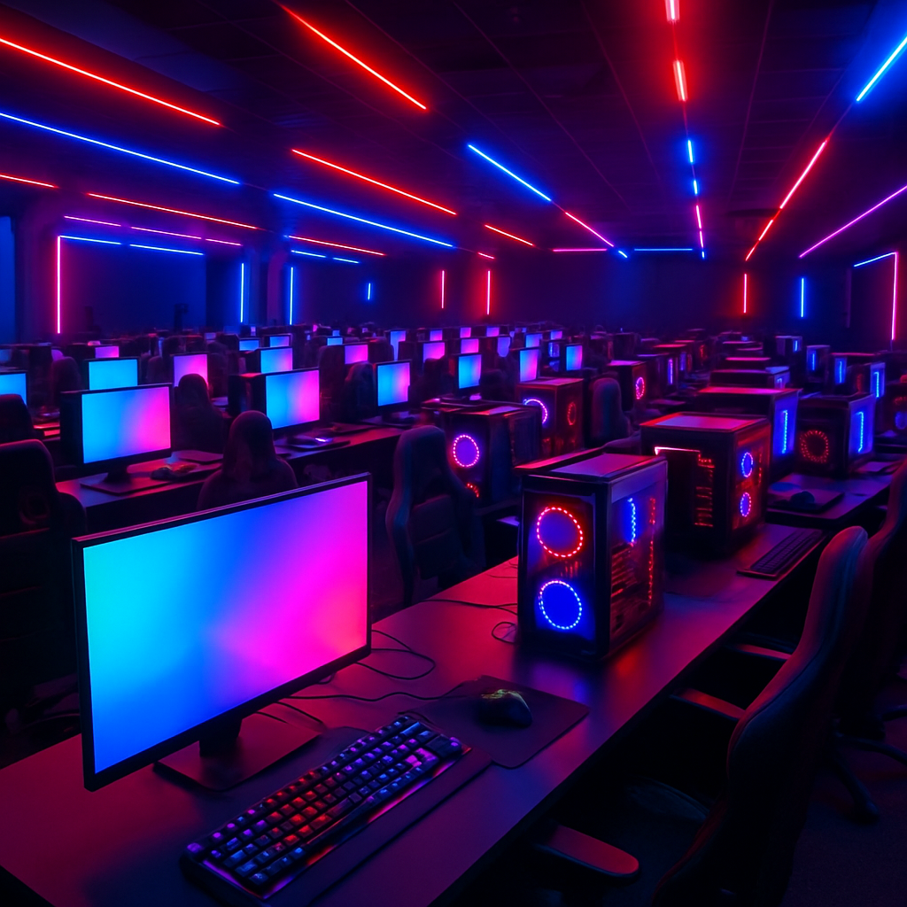 A vibrant esports arena with rows of high-end gaming PCs under dynamic LED lighting
