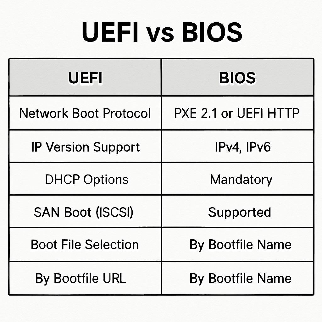 side by side comparison table of UEFI vs BIOS network boot parameters