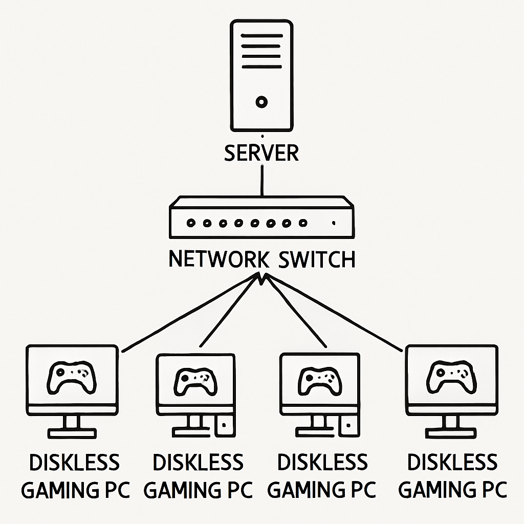 A detailed diagram showing a central server connected to a network switch, branching out to multiple diskless gaming PCs