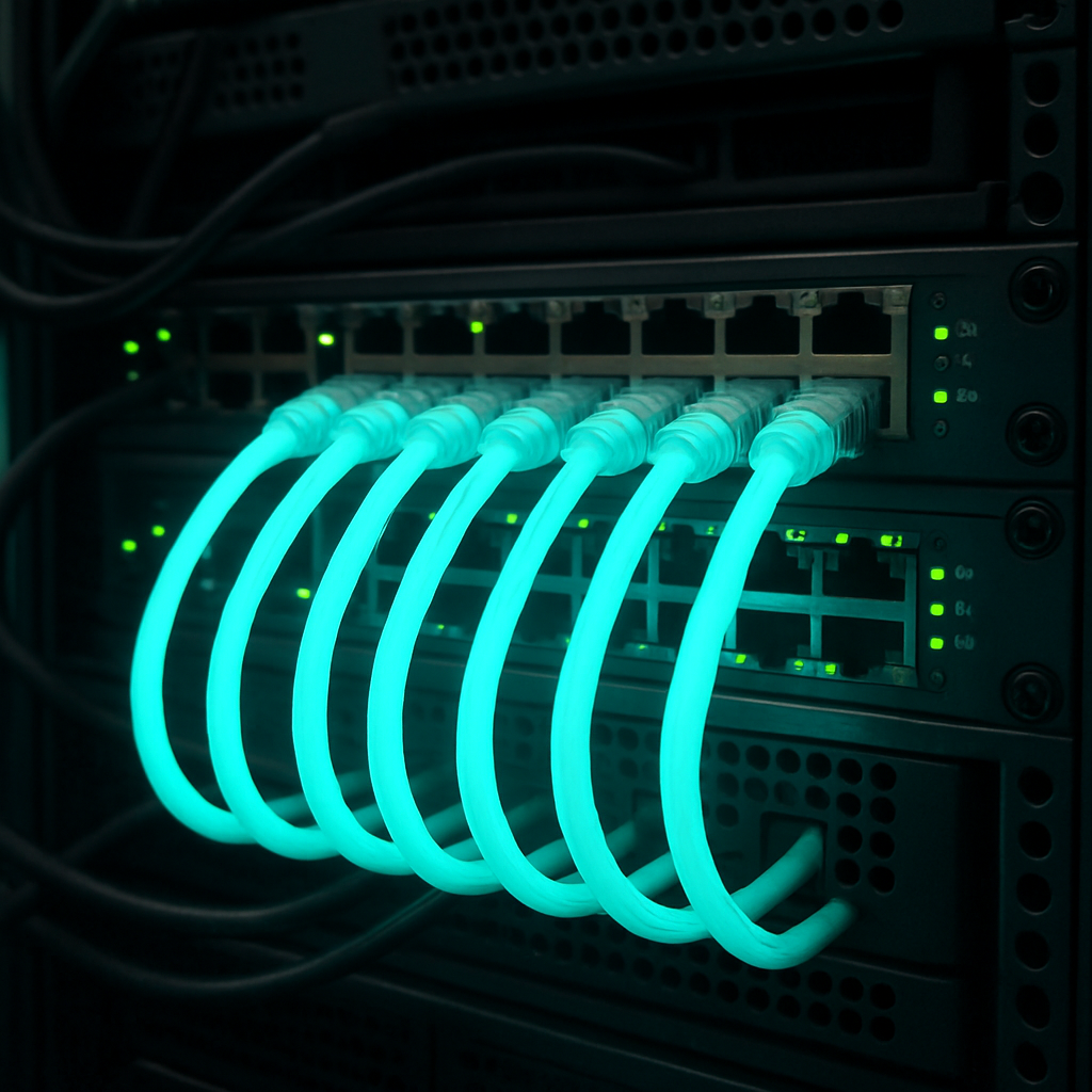 Server rack with glowing ethernet cables highlighting high-speed networking