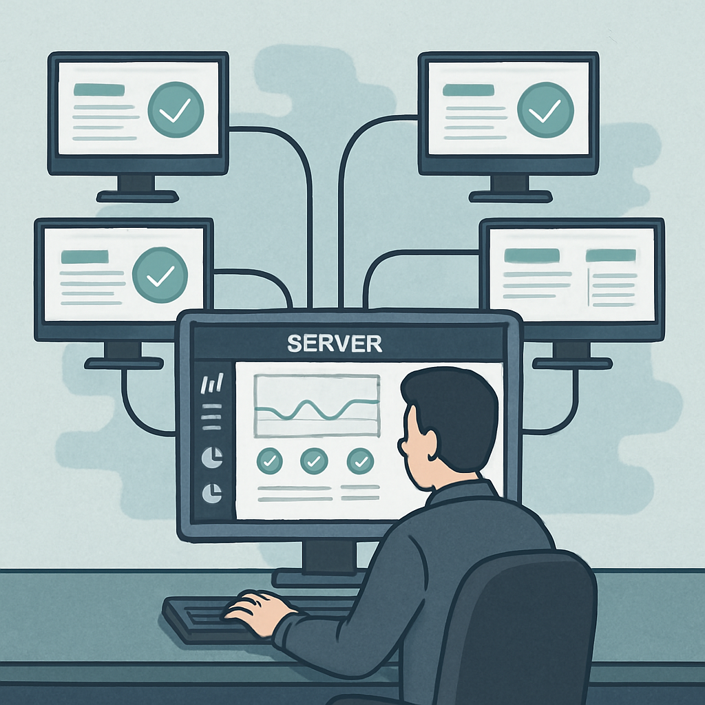 IT administrator managing multiple computers from a single centralized server dashboard