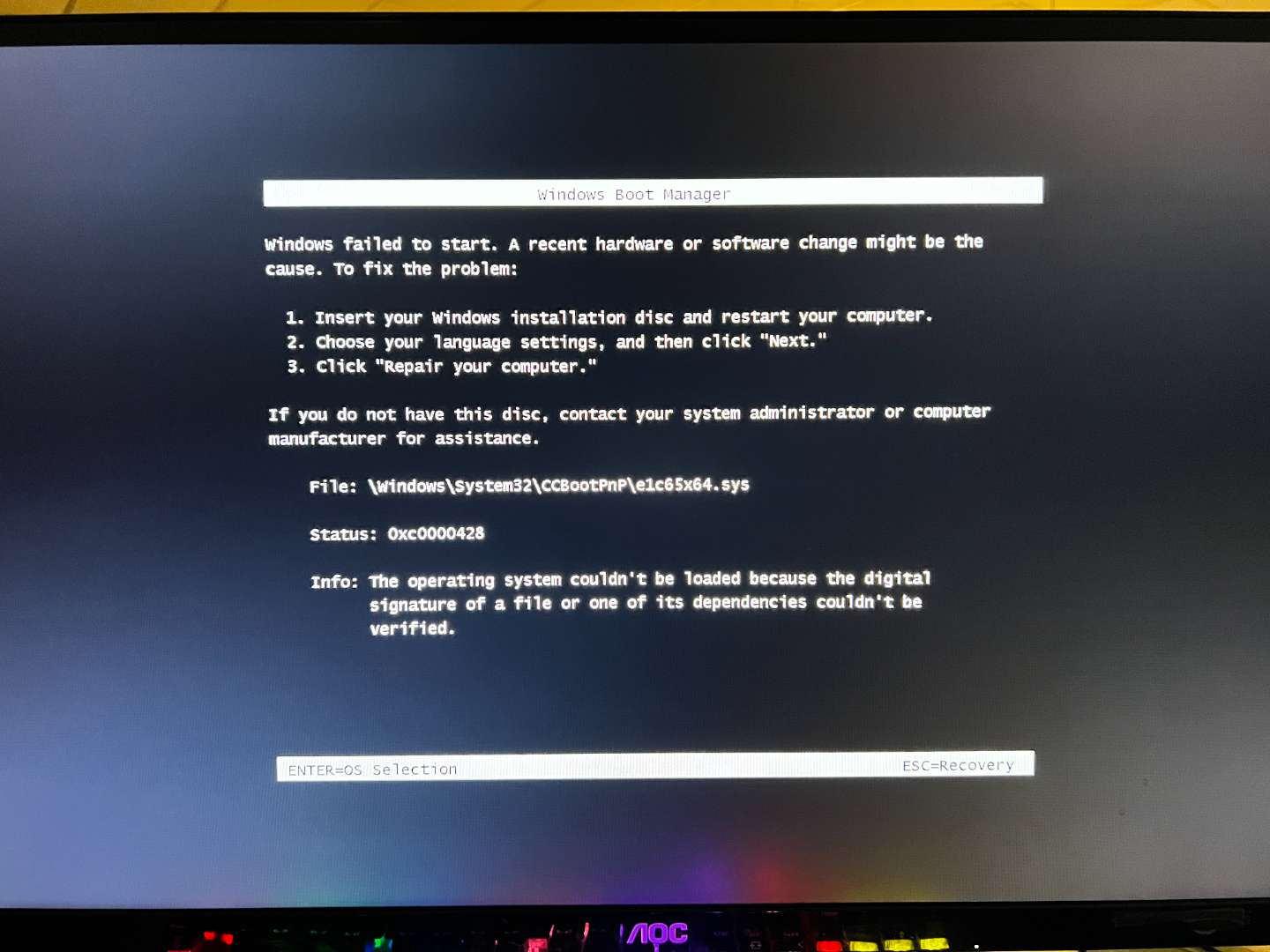 Windows failed to start because digital signature
